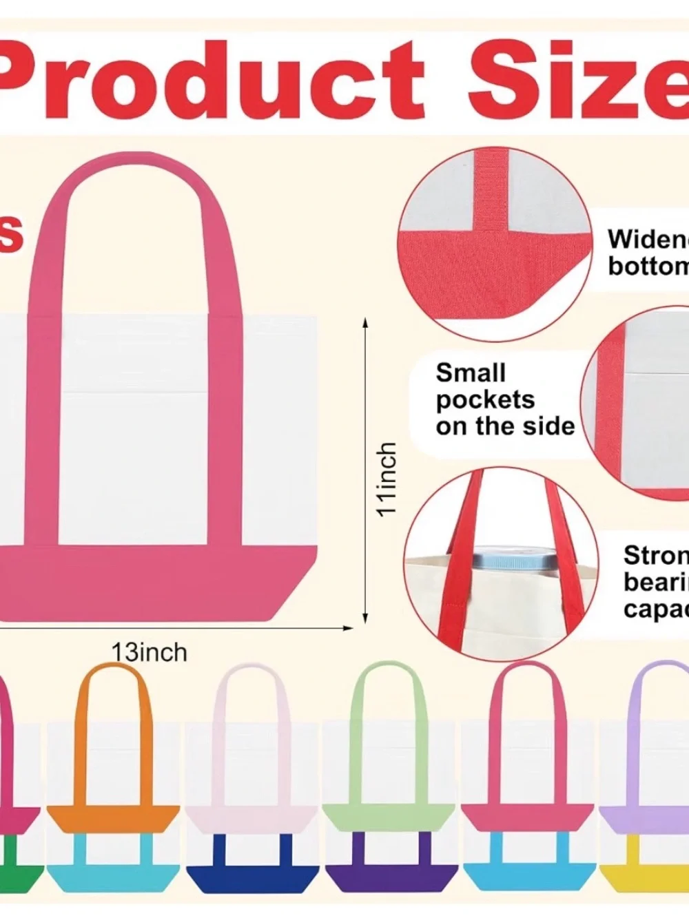 24 Colorful Canvas Tote Bags - Multi Color Options